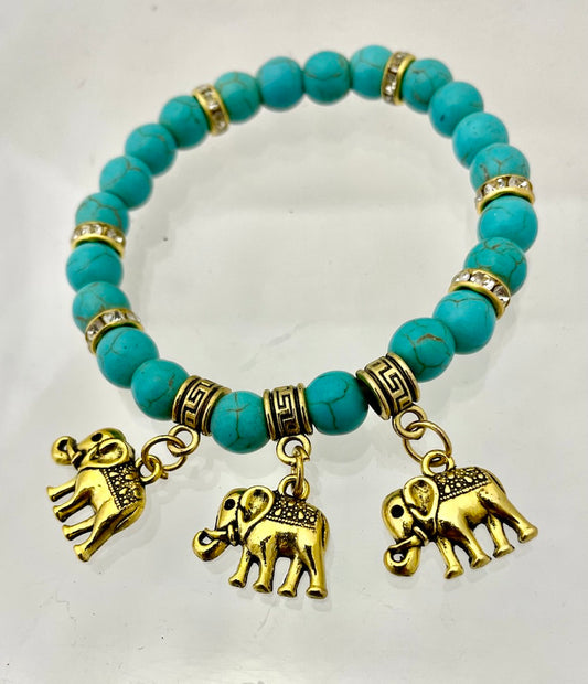 Elephant Trio - Green Bead Bracelet