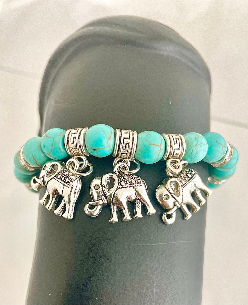 Elephant Trio - Green Bead Bracelet