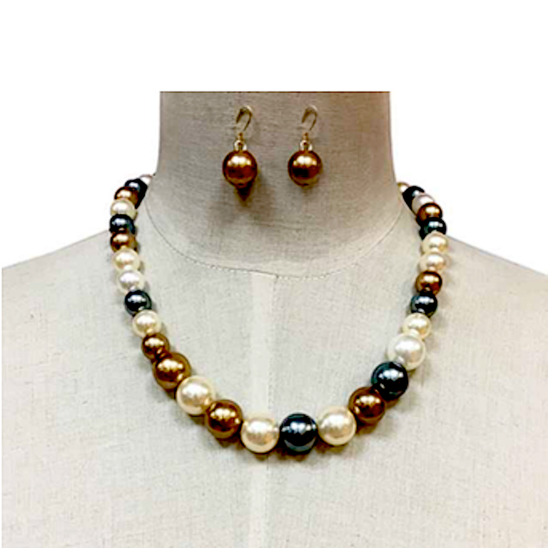 Deluxe Single Strand Pearl Necklace Set - tri tones