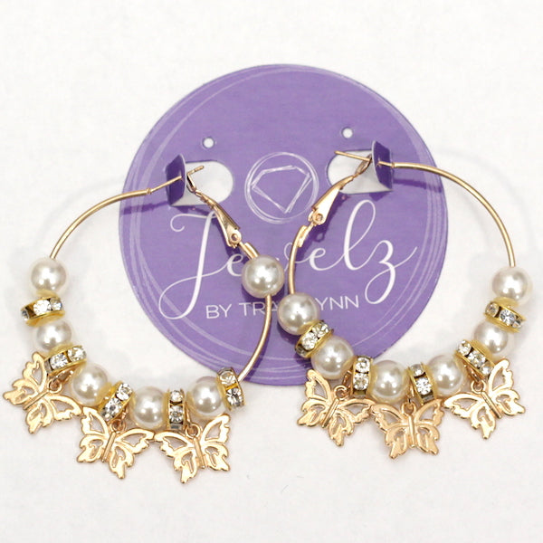 Butterflies and Pearls Hoops - gold